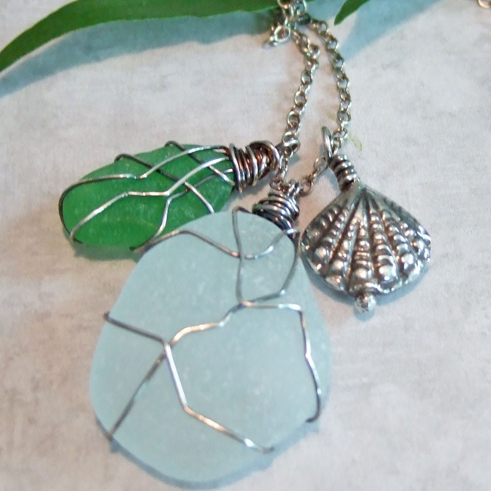 Authentic Green Beach Glass and Sterling Silver Chain Necklace
