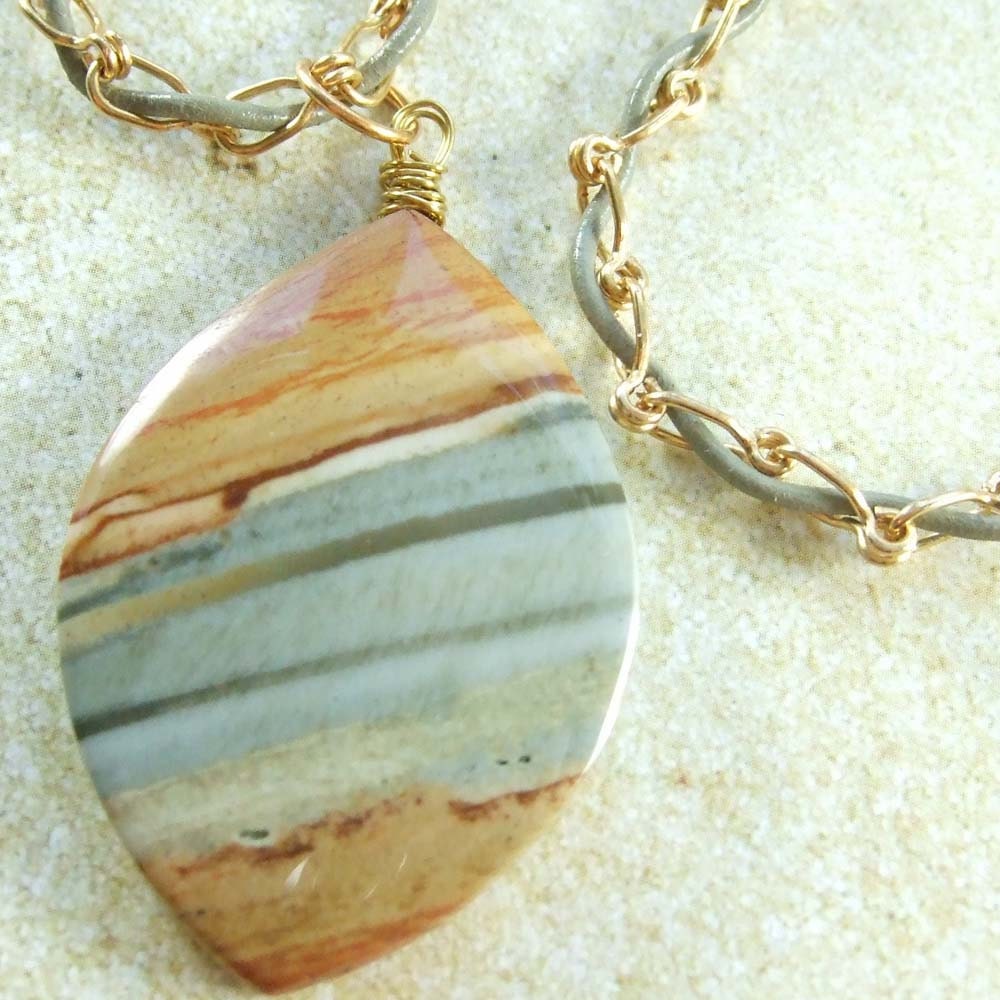 Brown and Green Stone Pendant with Leather and Brass Chain Necklace