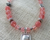 Cherry Quartz and Sterling Silver Beaded Necklace with Sterling Pendant and Bali Beads and Matching Earrings