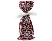 Ruby Red Cloth Wine Bottle Bag with White Geometric  Print for Wedding, Anniversary, Engagement Celebration