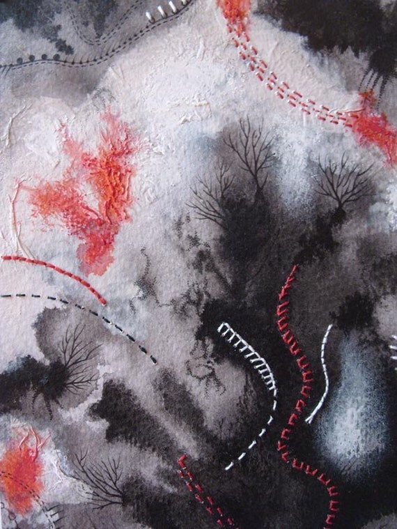 Original painting Abstract  Black and white  watercolor collage mixed media - Fight