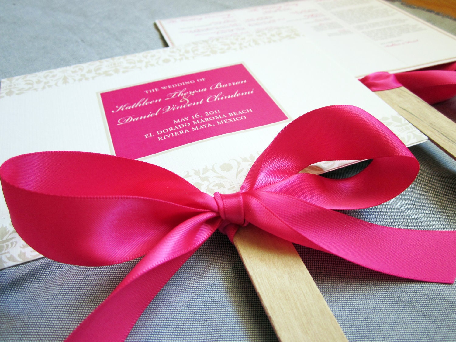 Damask and Ribbon Custom Fan Wedding Program Shown in Pink and Champange