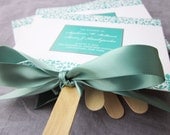 Damask and Ribbon Custom Fan Wedding Program Shown in Teal and White - DEPOSIT