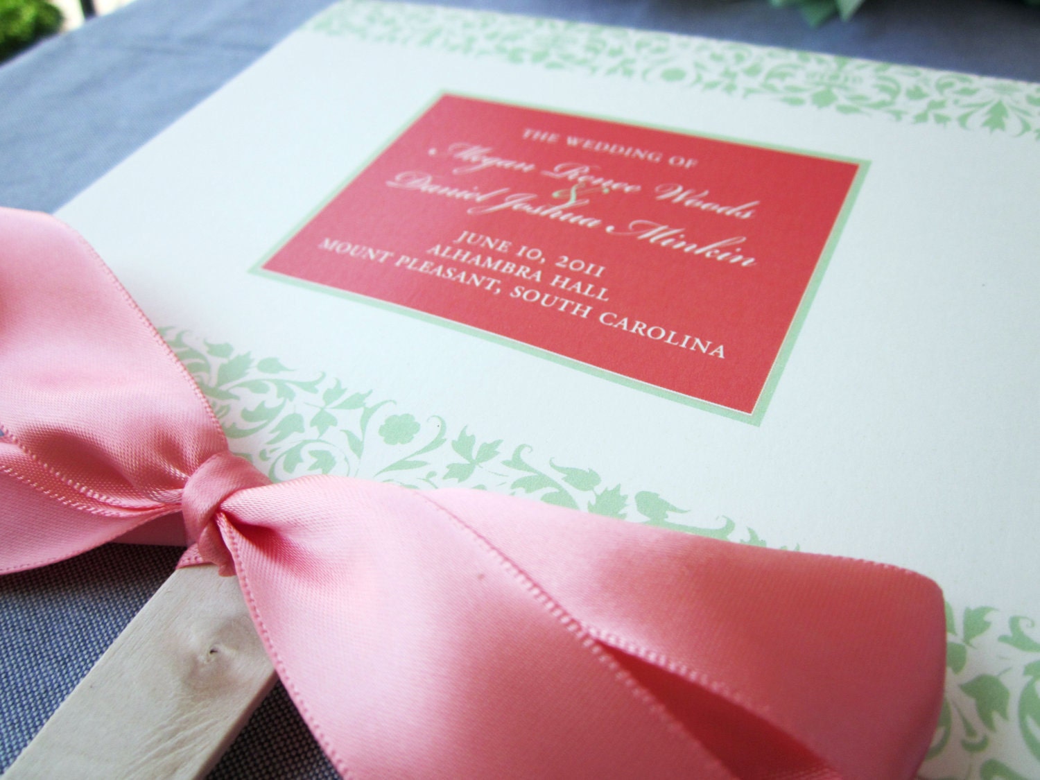 Damask and Ribbon Custom Fan Wedding Program Shown in Coral and Mint - DEPOSIT