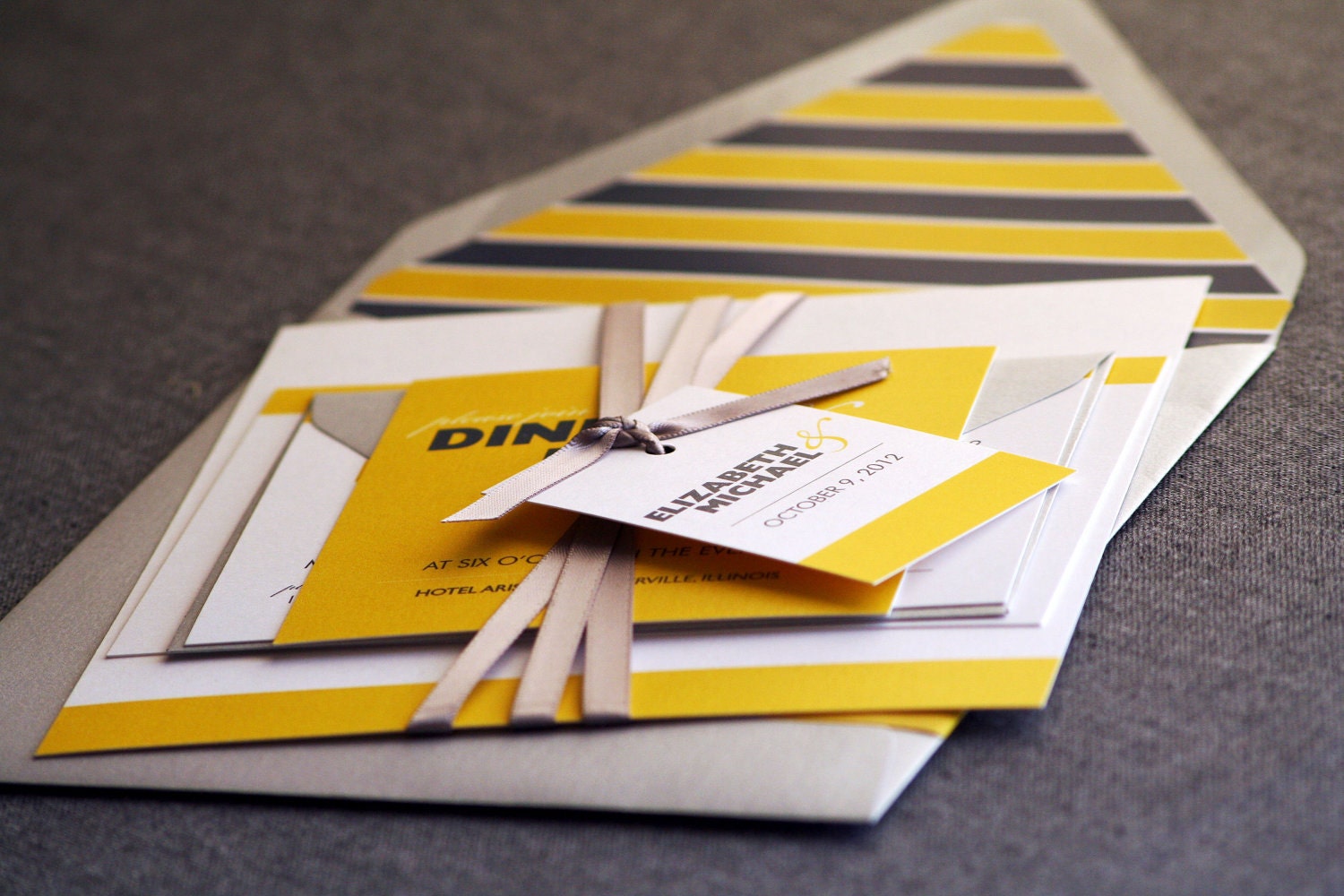 Bold Striped Modern Wedding Invitation shown in Yellow, Grey and White, Build-Your-Invite Collection - SAMPLE