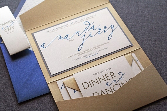 Modern Calligraphy Script Wedding Invitation shown in Sapphire Blue, Gold, Grey and Cream, Build-Your-Invite Collection - SAMPLE