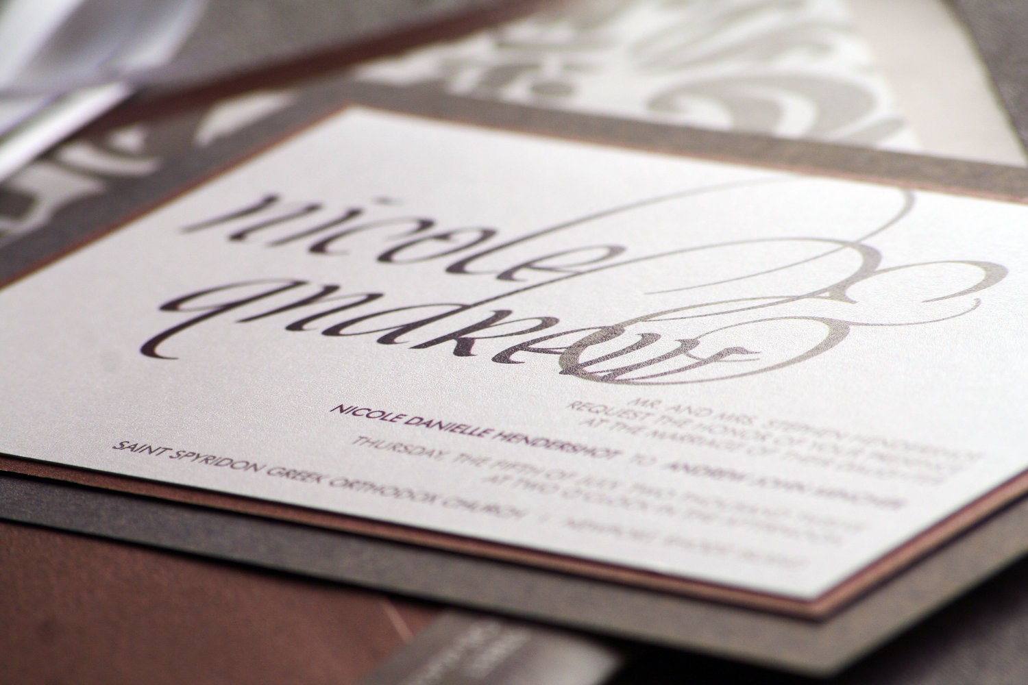 Dramatic Script Modern Wedding Invitation shown in Eggplant, Grey and White, Build-Your-Invite Collection - DEPOSIT