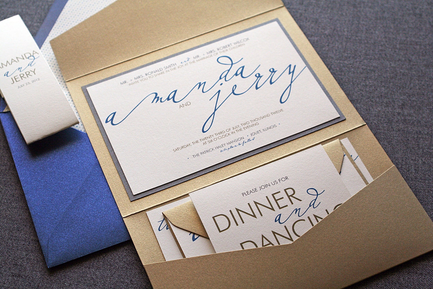 Modern Calligraphy Script Wedding Invitation shown in Sapphire Blue, Gold, Grey and Cream, Build-Your-Invite Collection - SAMPLE