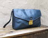 SALE Vintage Blue Black Leather Envelope Faux Bally Clutch