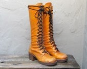 SALE Vintage Tan Lace Up Knee GoGo Rubber Sole Boots Ladies Size 8
