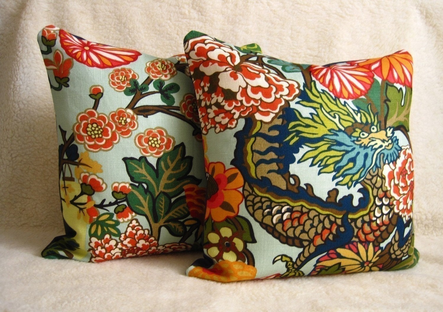 Chiang Mai Dragon Pillows - F. Schumacher - Pair of 18 inch - Aquamarine - Zipper Enclosure - Designer Fabric - Chinoiserie
