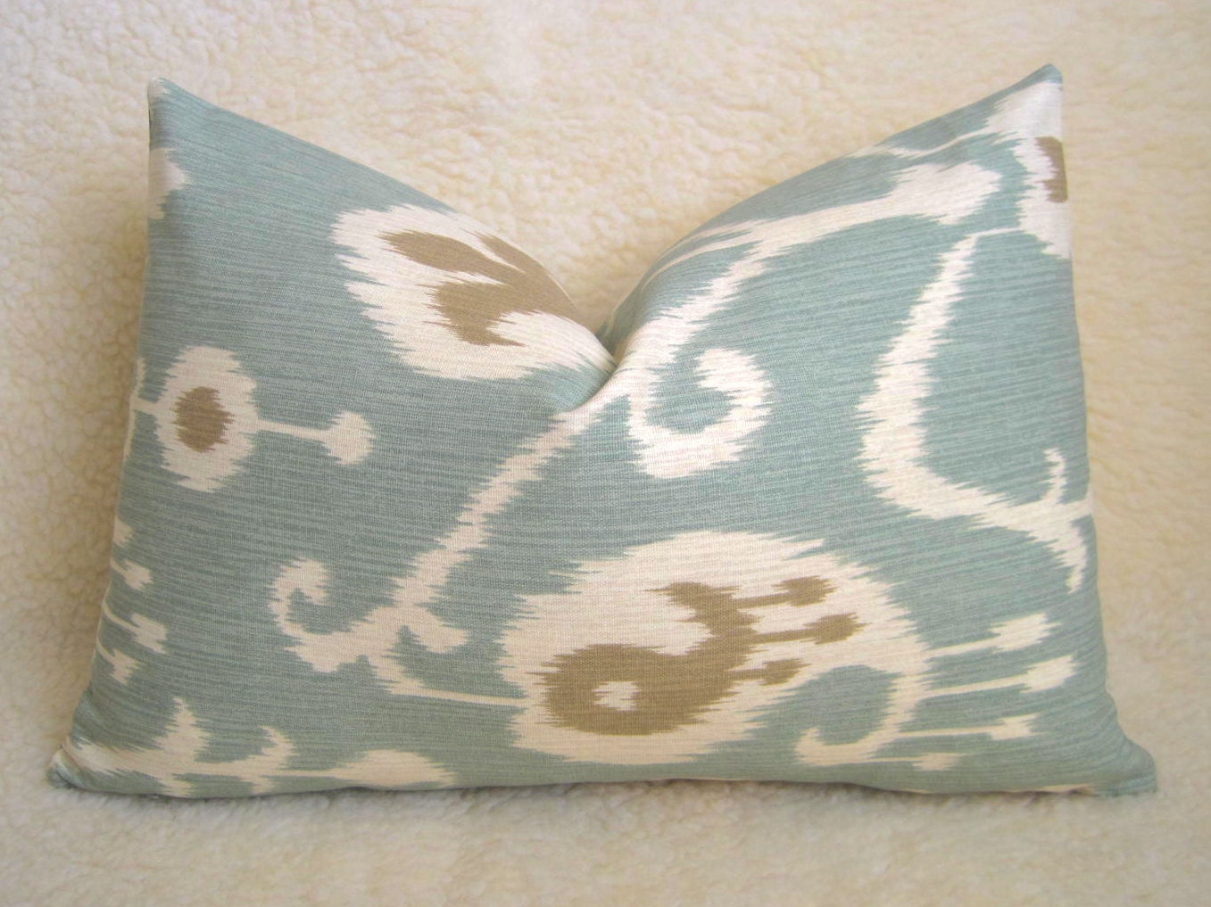 Ikat Decorative Lumbar Pillow - Light Blue - Tan - Cream - 12x18 inch - BOTH SIDES - Designer Pillows - Ikat Pillow - Light Blue Pillow