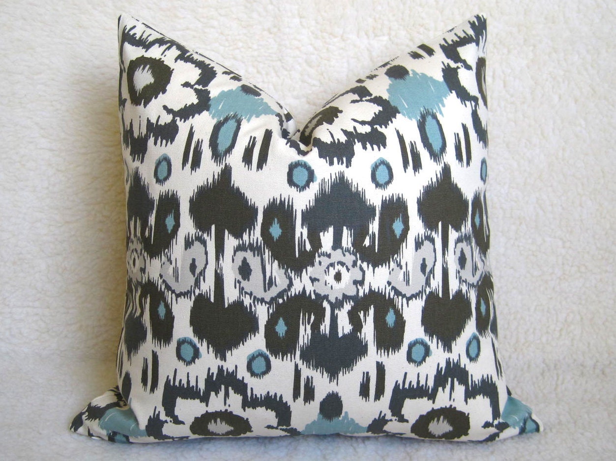 Floral Ikat Decorative Pillow - Light Blue - Gray - Cream - 18 inch - BOTH SIDES - Designer Pillows - Ikat Pillow - Throw Pillow