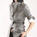 3 buttons, grey plaid jacket with open pleat
