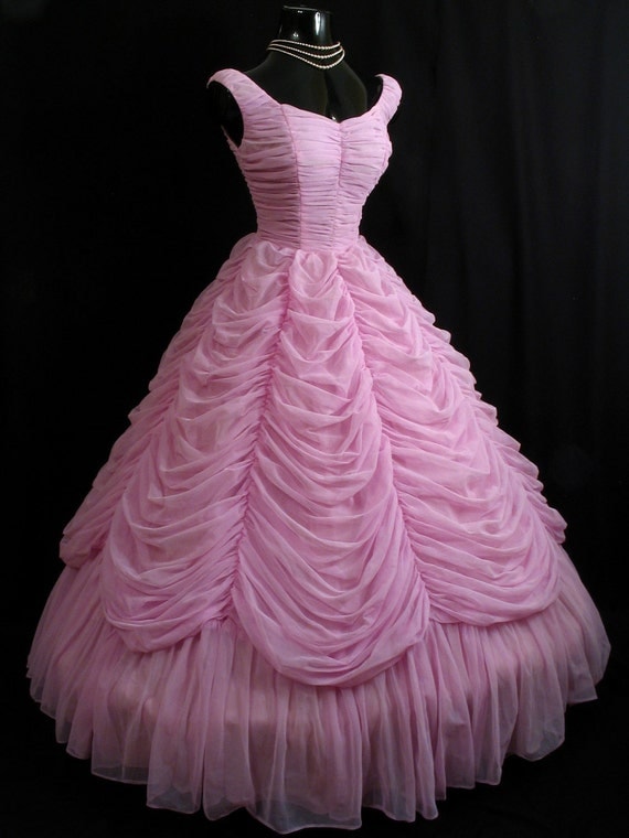 Vintage 1950's 50s Strapless Orchid PINK Lavender Ruched Swags Chiffon Organza Circle Skirt Party Prom Wedding Dress