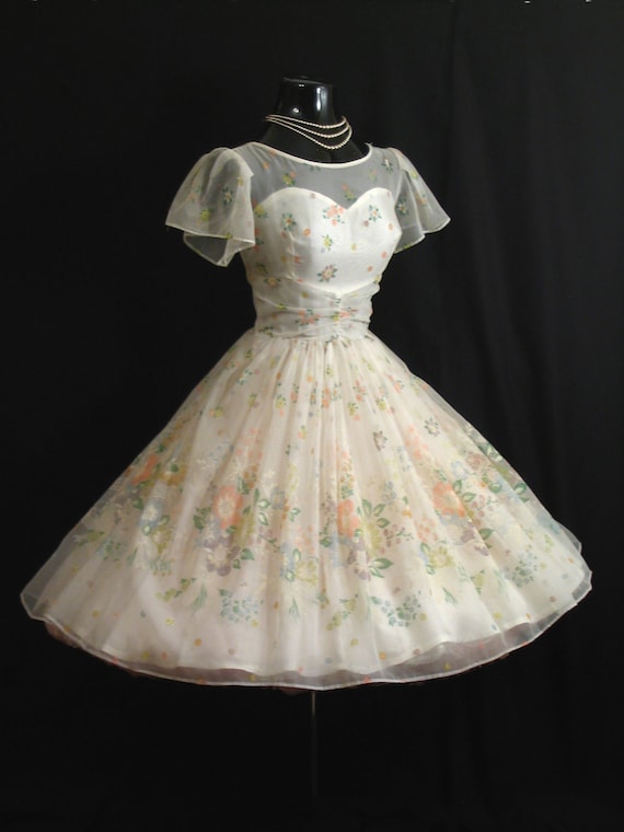 Vintage 1950's 50s White Floral Flocked Chiffon Organza Party Prom Wedding Dress