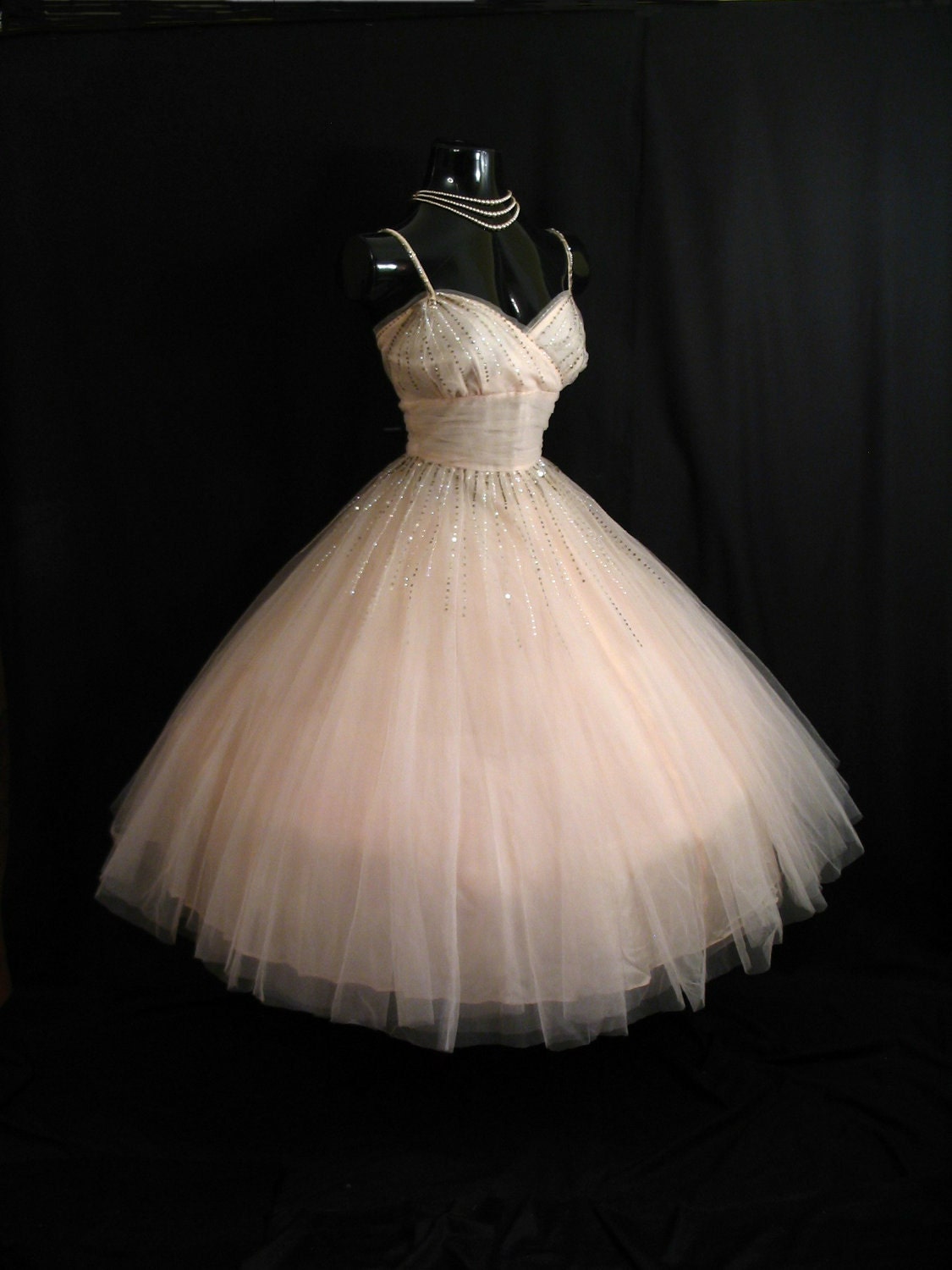 Vintage 1950's 50s PINK Tulle Sequins Circle Skirt Prom Party Wedding Dress Gown