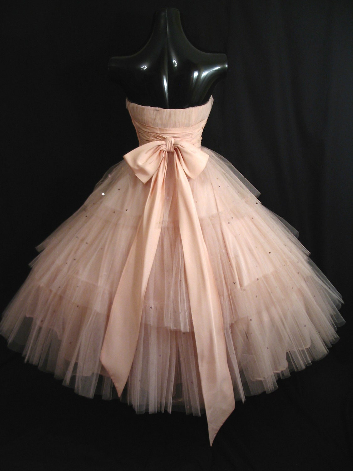 Vintage 50's 50s STRAPLESS Shell Pink Layered Tulle Taffeta Sequins Party PROM Wedding DRESS Gown
