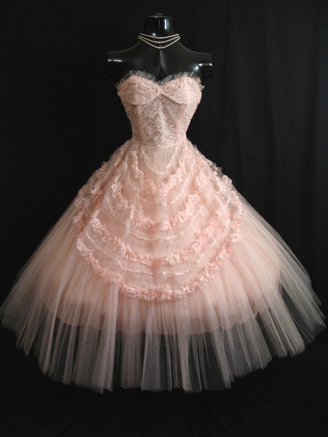 Vintage 50's 50s STRAPLESS Pink Tulle Lace Ribbon Party PROM Wedding DRESS Gown