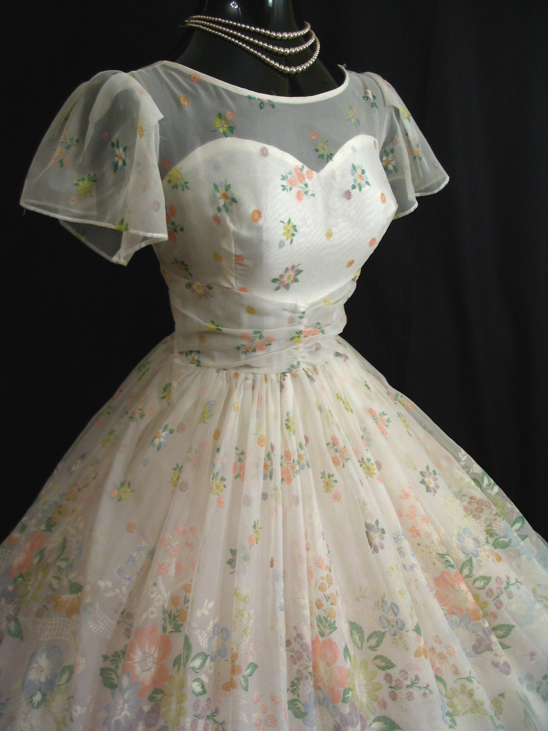 Vintage 1950's 50s White Floral Flocked Chiffon Organza Party Prom Wedding Dress