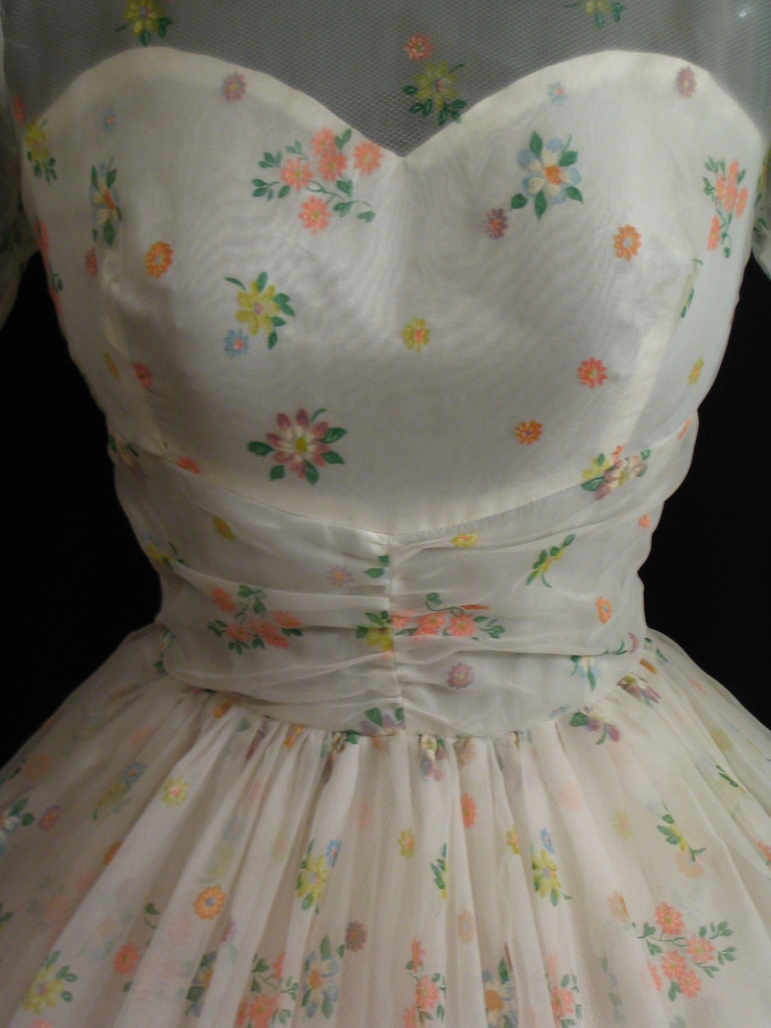 Vintage 1950's 50s White Floral Flocked Chiffon Organza Party Prom Wedding Dress