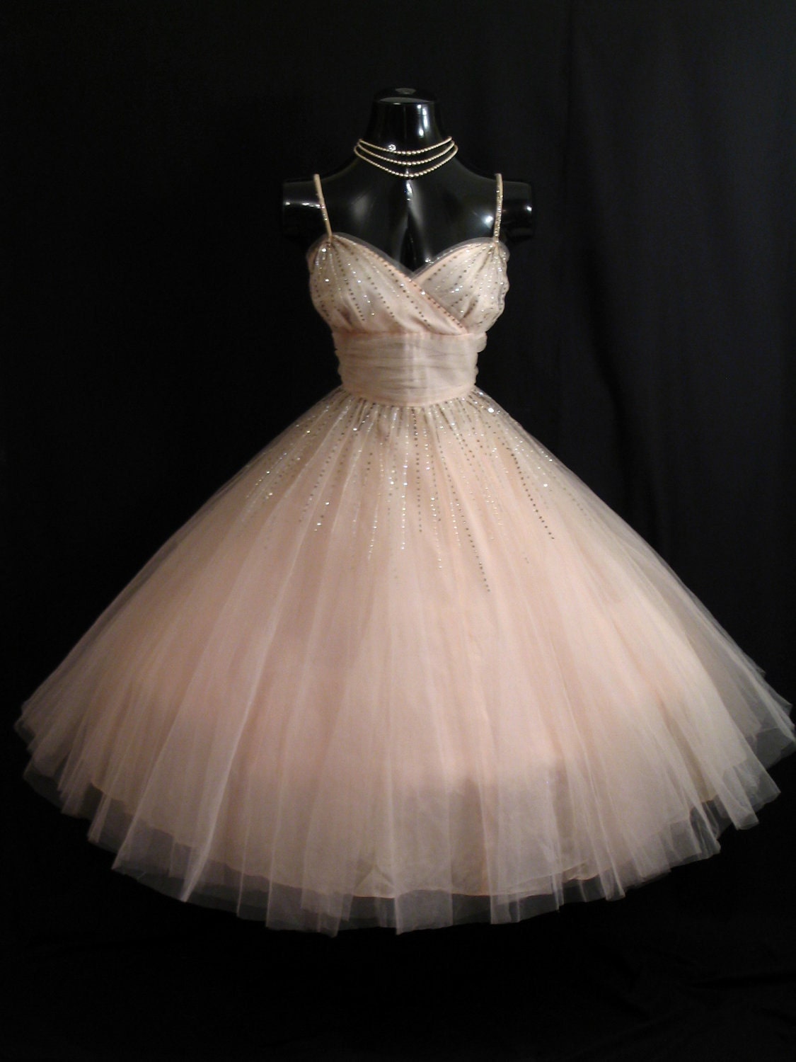 Vintage 1950's 50s PINK Tulle Sequins Circle Skirt Prom Party Wedding Dress Gown
