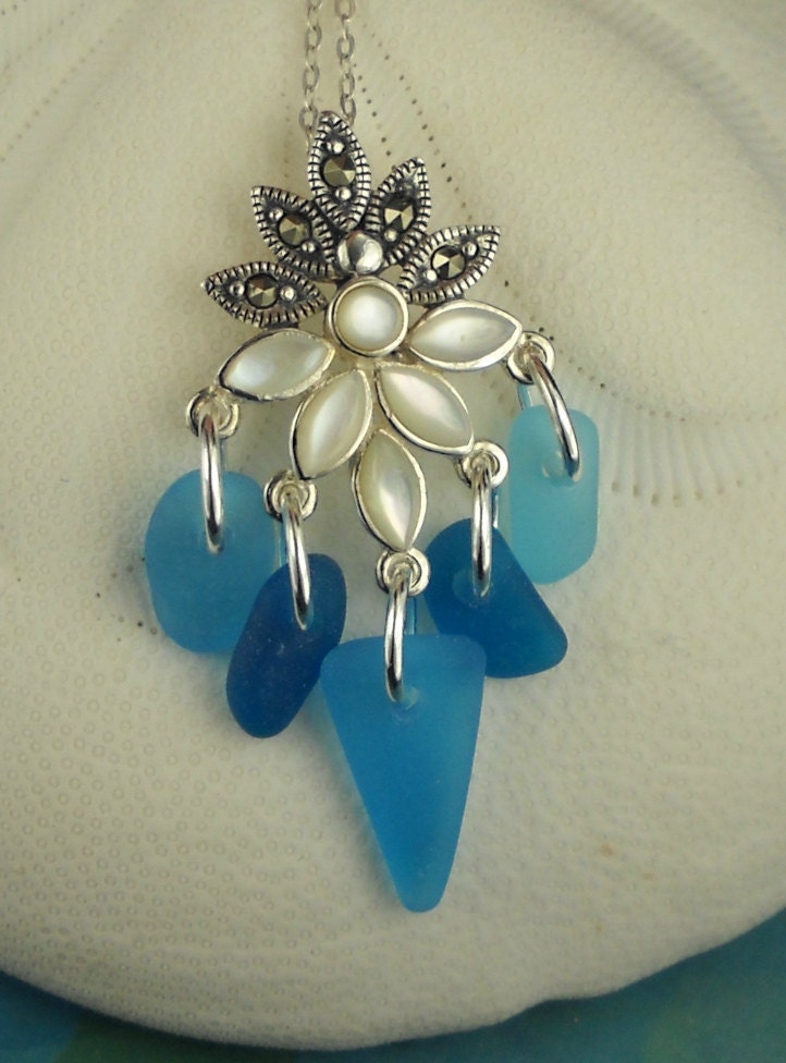 GENUINE Sea Glass Jewelry Aquamarine Necklace Sterling Silver And Mother Of Pearl