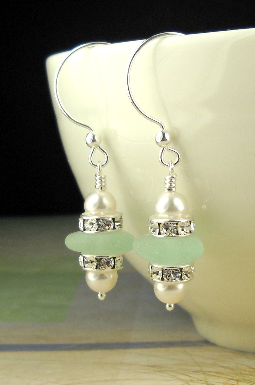 GENUINE Sea Glass Earrings Sterling Silver Sea Foam Aqua