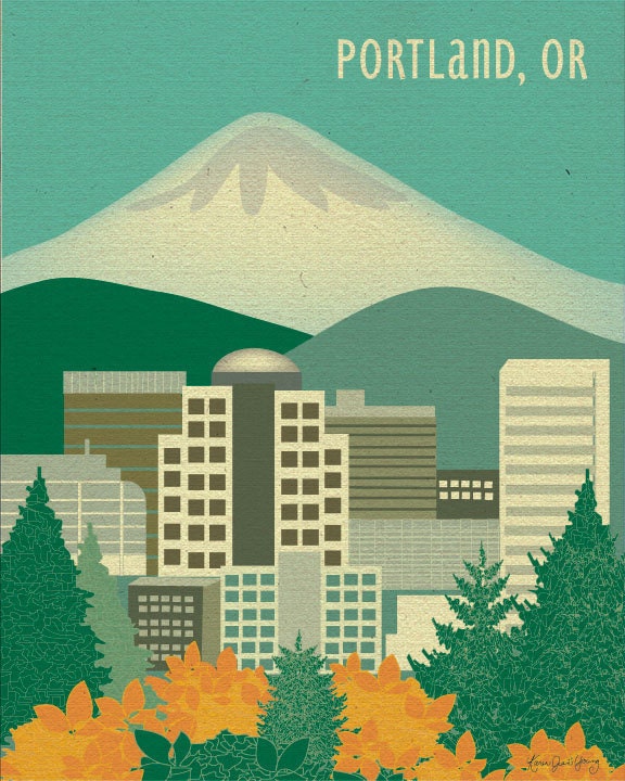 Portland, Oregon & Mt. Hood Skyline - Destination Wall Art Poster Print for Home, Nursery, and Office - style E8-O-P1
