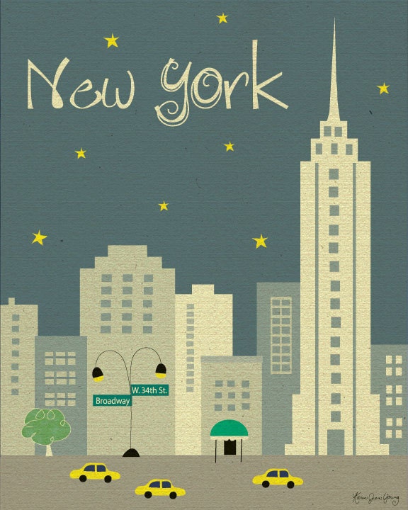 New York City, Manhattan Art Poster Print (2 color schemes - style E8-O- NY2 gray or style -  E8-O-NY2 orange)