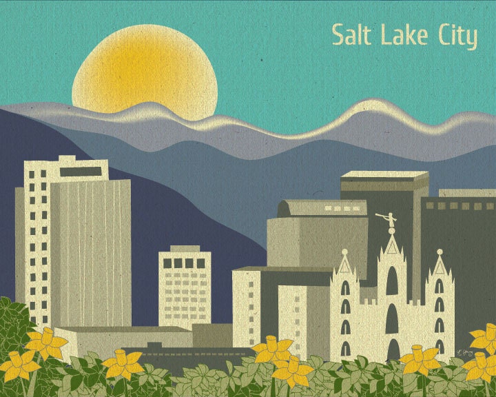 Salt Lake City, Utah Skyline and LDS Temple Illustration - Horizontal Wall Art Poster Print for Home, Office, and Gifts - style E8-O-SA