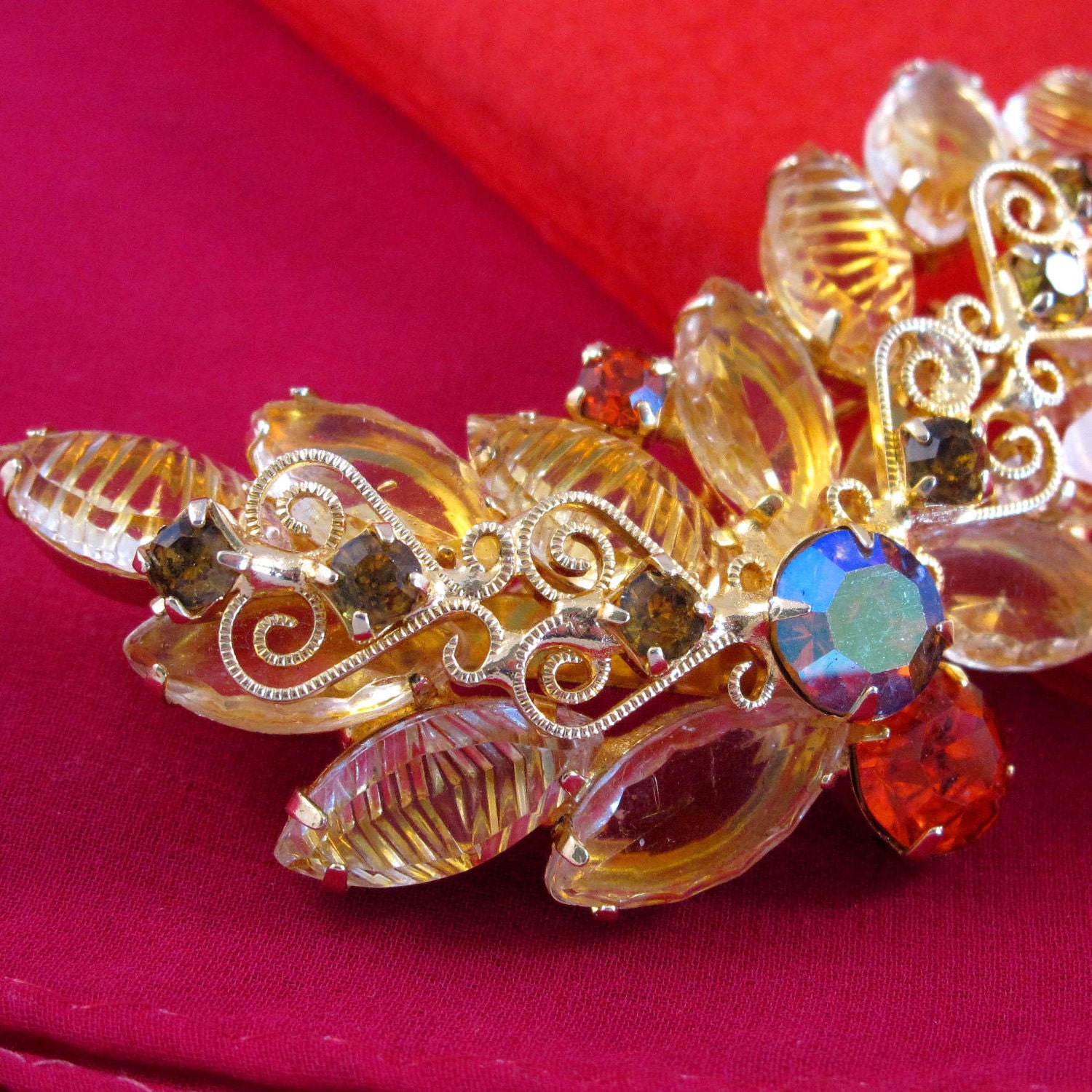 Yellow Juliana Style AB Rhinestone Brooch Vintage Costume Jewelry Pin