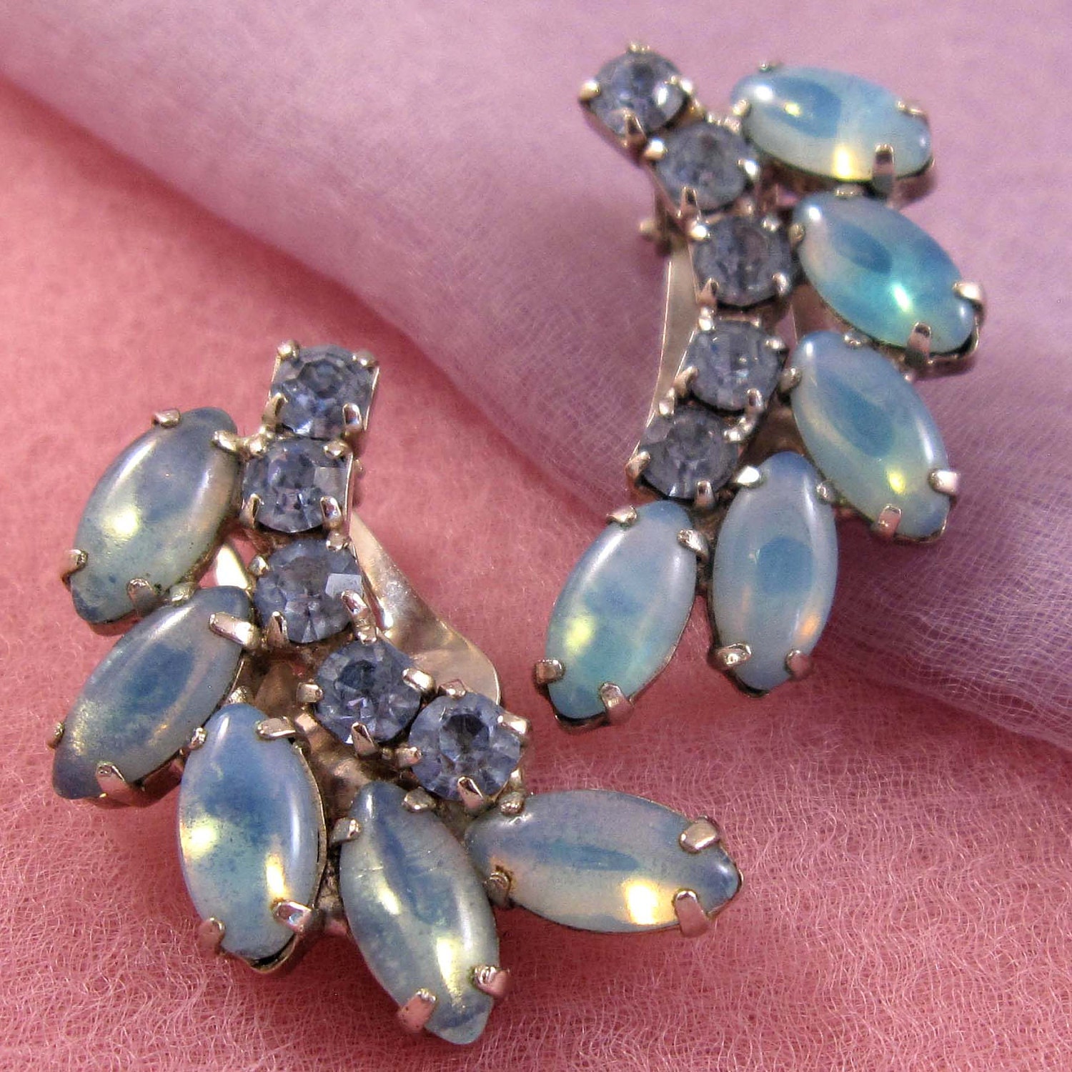 Vintage BLUE Moonstone Rhinestone Earrings