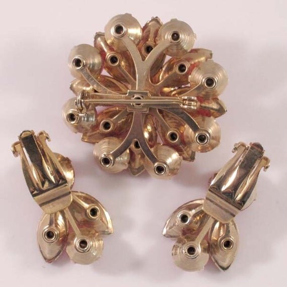 Red Rhinestone Brooch and Earring Set, Vintage Demi Parure