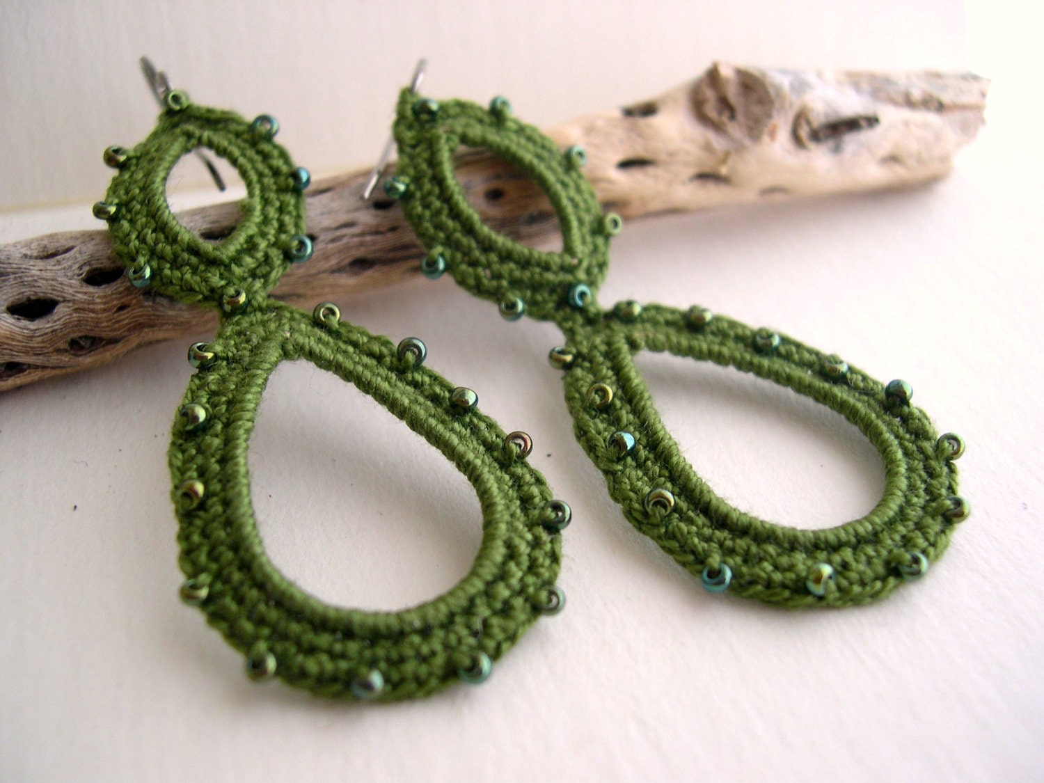 SALE - Olive green long dangle crochet earrings - dark green earrings - Lace Fashion - Handmade - Long lightweight dangle earrings