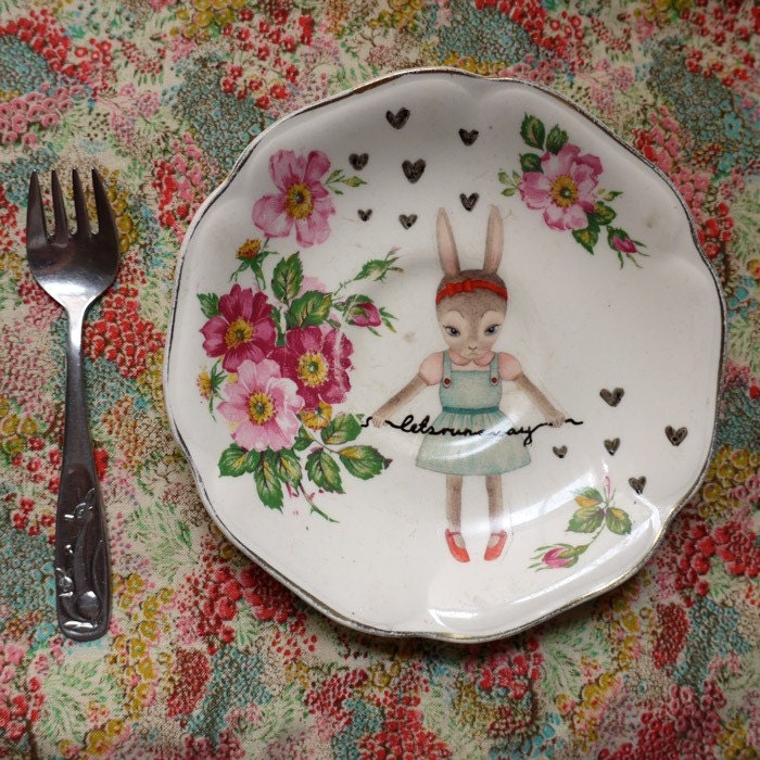 Lets Run Away Bow Haired Bunny Vintage Illustrated Plate