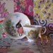 Illustrated Vintage Cup and Saucer Set Scenic Country Cottage with Shy Bunnies