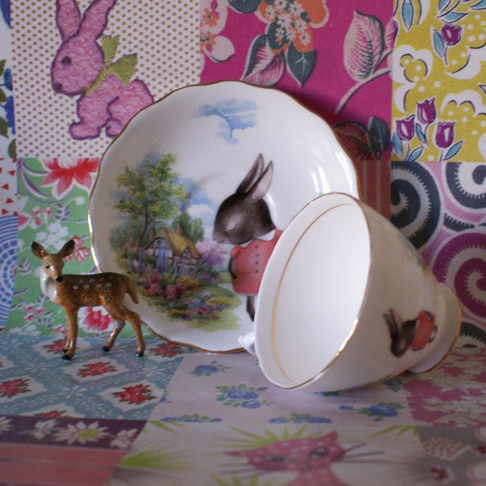 Illustrated Vintage Cup and Saucer Set Scenic Country Cottage with Shy Bunnies