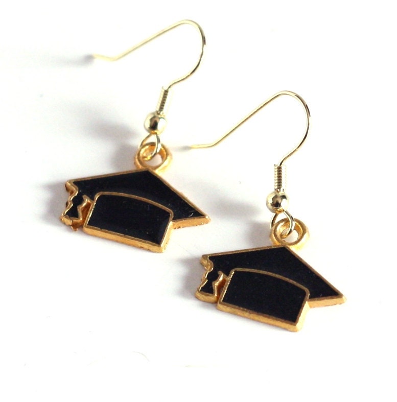 Graduation Cap Mortarboard Enamel Charm Earrings in Black and Gold