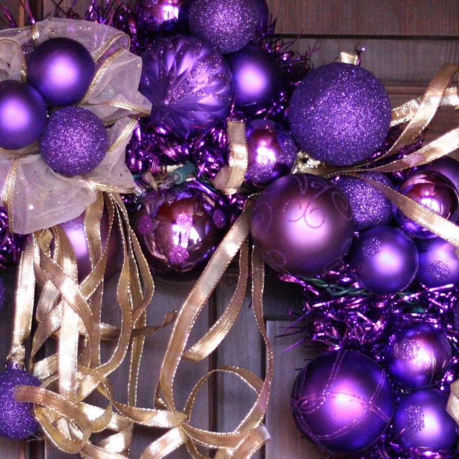 Purple and Gold Christmas Wreath with White Lights - Holiday Wreath - Handmade - Ready to Ship - USA FREE SHIPPING