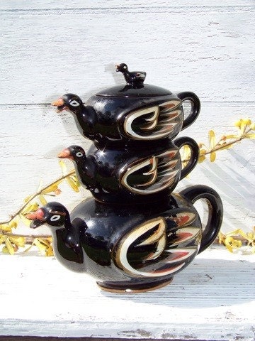 Unique vintage antique redware teapot, sugar, creamer, nesting trio of ducks, hand painted on Etsy - Treasury Featured x 3