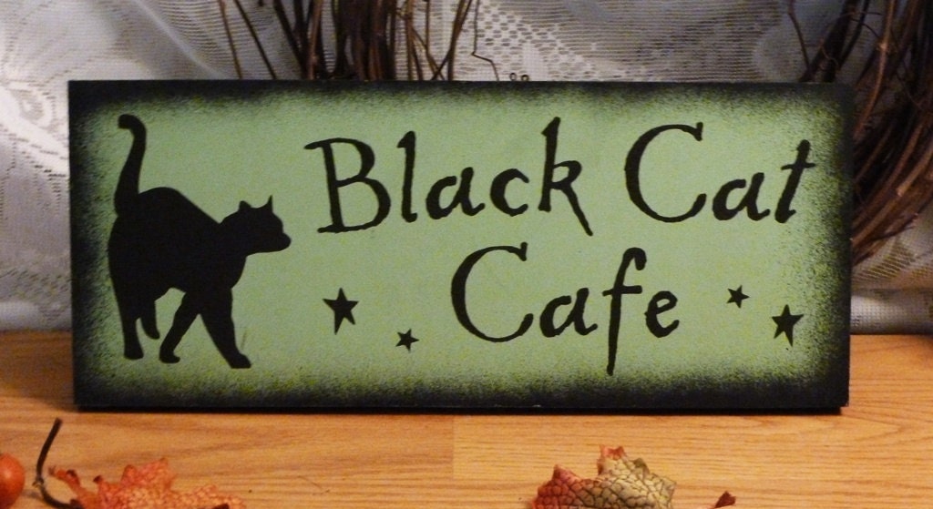 Black Cat Cafe (Green) Painted Wood Sign