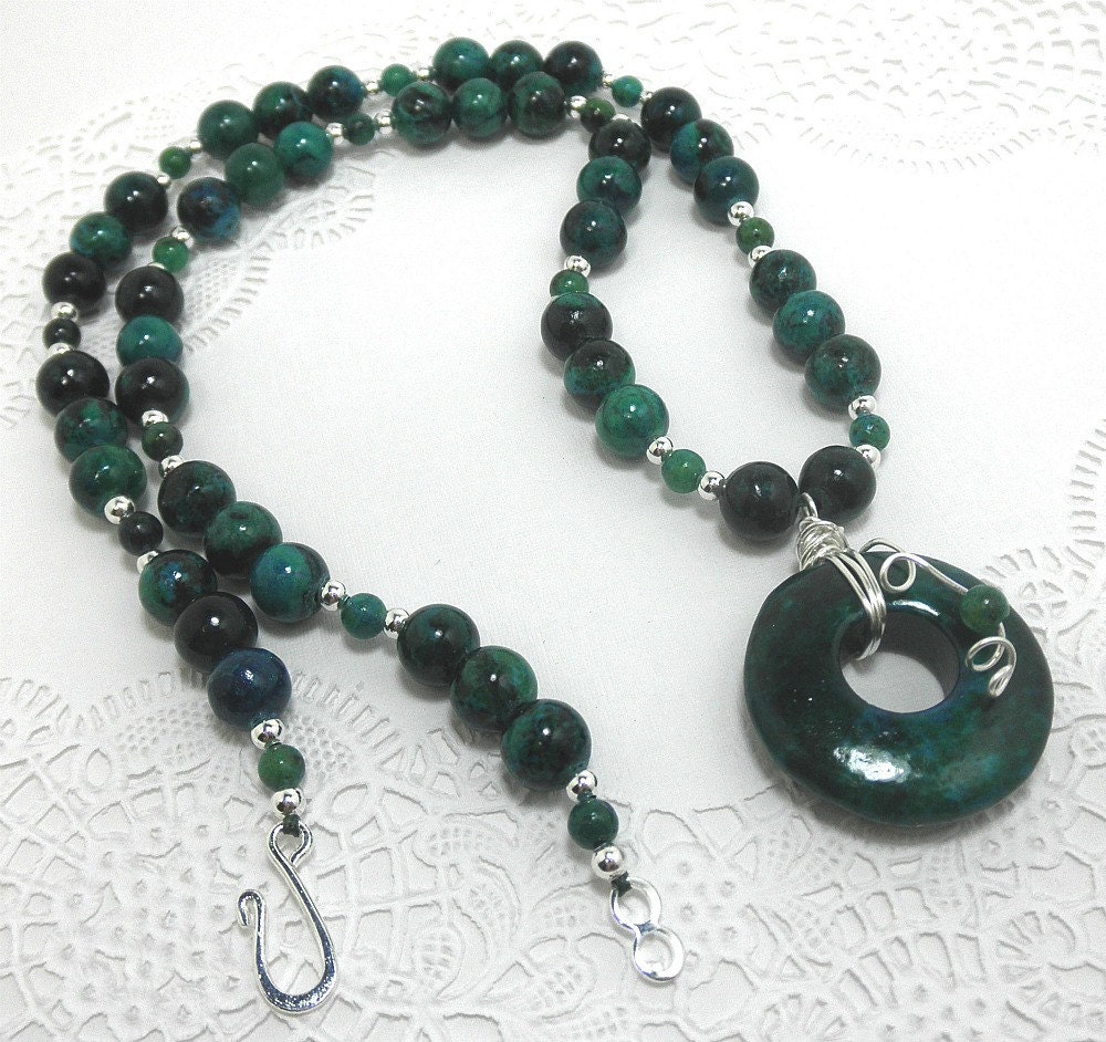 Azurite Donut Wire Wrapped Pendant Necklace With Australian Jasper
