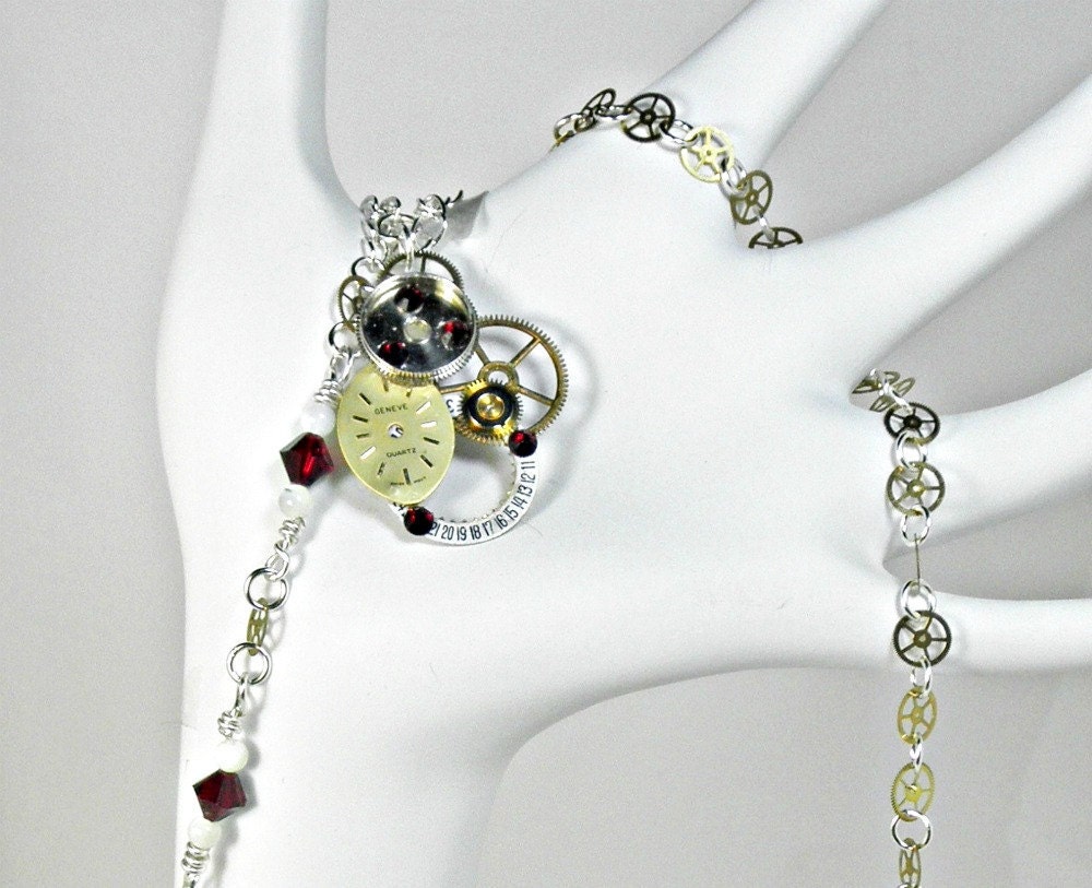 OOAK Steampunk Necklace with Red Swarovski Crystals & White Shell Beads