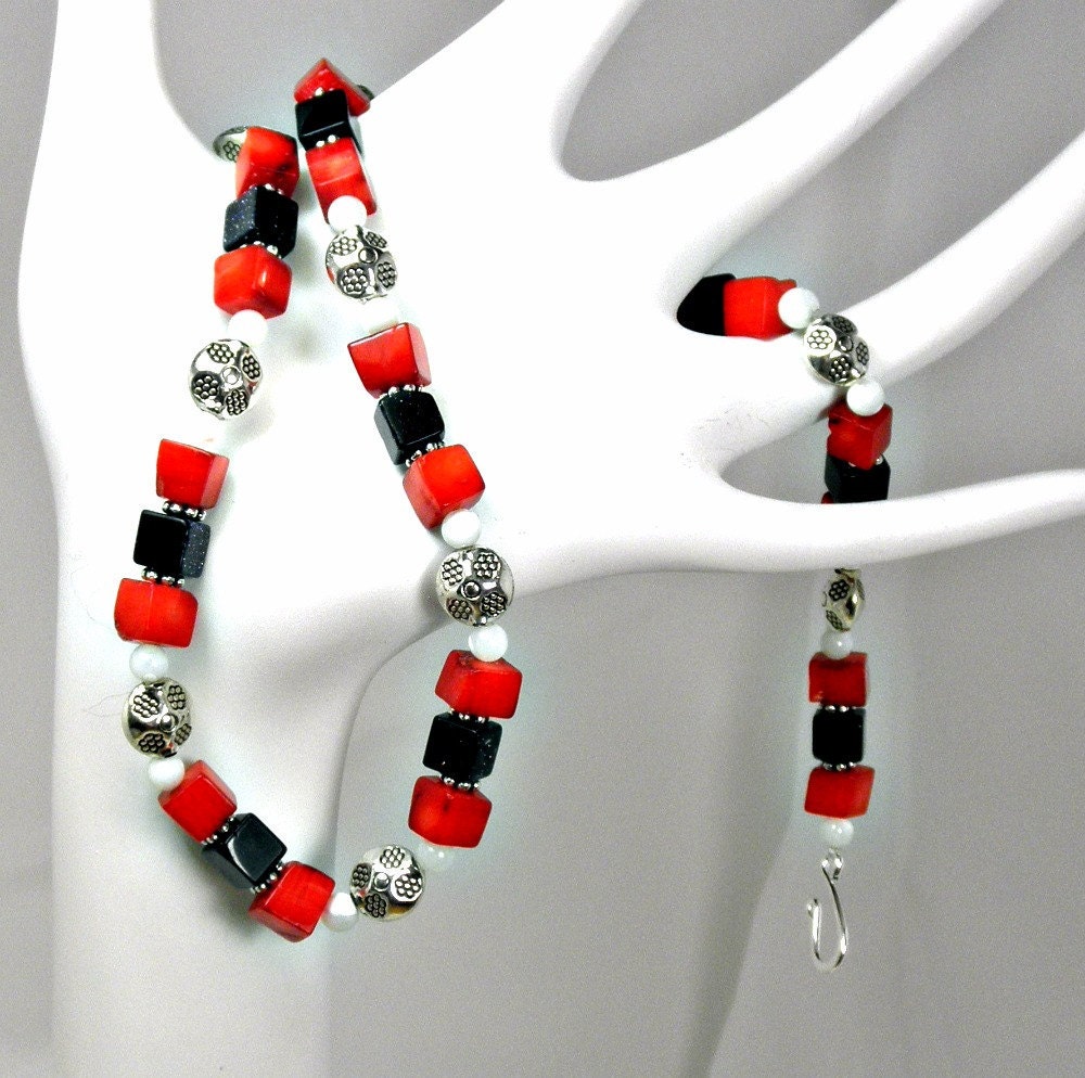 Blue Goldstone, Red Coral, and White Mother of Pearl Necklace