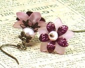 Pink Spring Blossom Earrings with Lucite & Hand Colored Brass