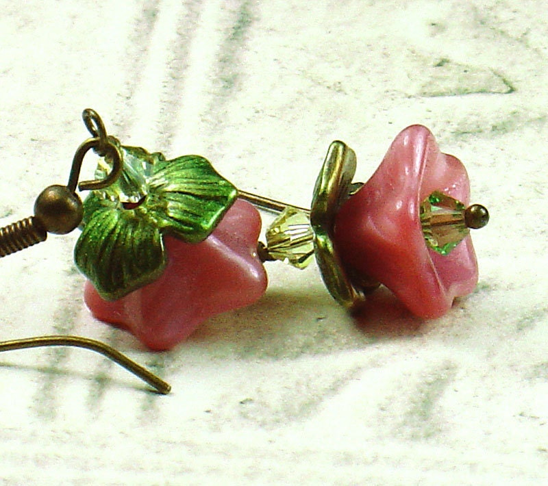 Secret Garden Floral Earrings with Pink Czech Glass Flowers & Swarovski Crystals