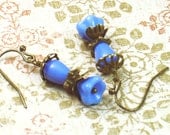 Modesto, Vintage Inspired Floral Earrings, Blue Czech Glass & Brass Filigree