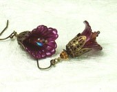 Fuchsia Lucite Lily Flower Earrings, Vintage Style, Antiqued Brass Filigree, Hand Dyed, Swarovski Crystal, Czech Glass, Victorian Steampunk