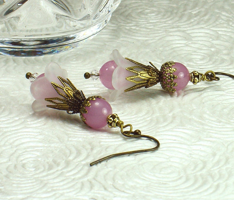 Pink Czech Glass and White Lucite Flower Earrings, Vintage Style, Antiqued Brass, Swarovski Crystals